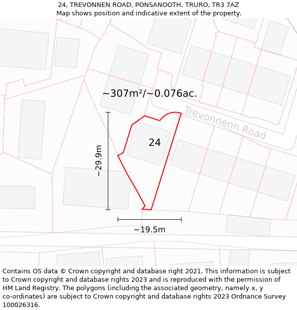 24, TREVONNEN ROAD, PONSANOOTH, TRURO, TR3 7AZ: Plot and title map