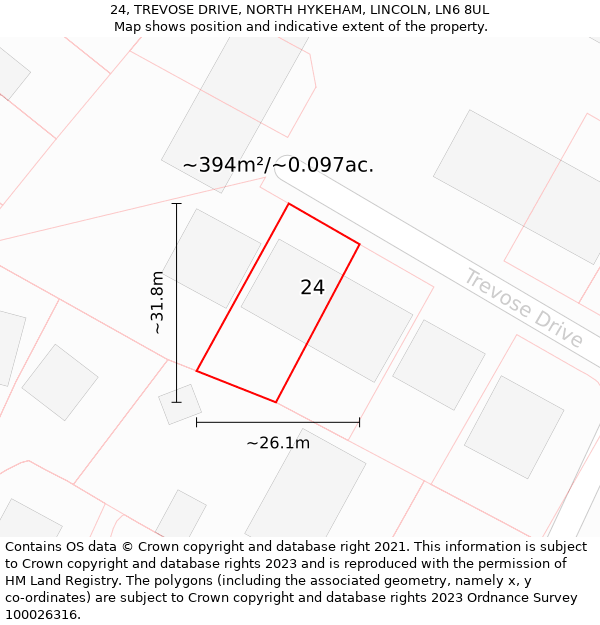 24, TREVOSE DRIVE, NORTH HYKEHAM, LINCOLN, LN6 8UL: Plot and title map