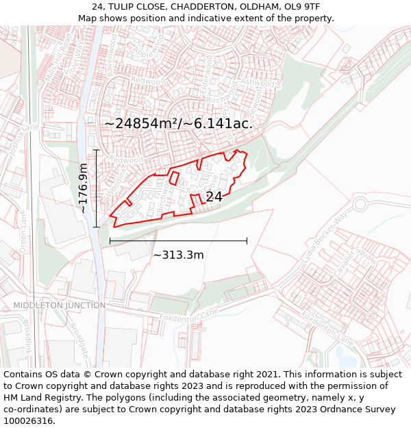 24, TULIP CLOSE, CHADDERTON, OLDHAM, OL9 9TF: Plot and title map