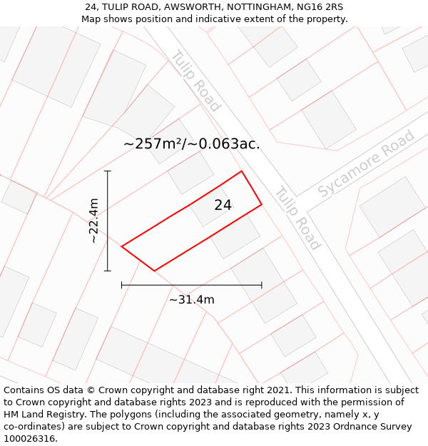 24, TULIP ROAD, AWSWORTH, NOTTINGHAM, NG16 2RS: Plot and title map