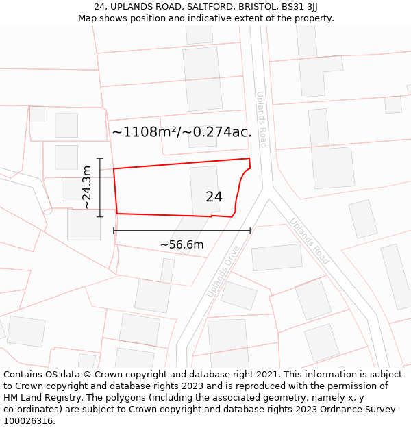 24, UPLANDS ROAD, SALTFORD, BRISTOL, BS31 3JJ: Plot and title map