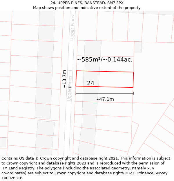 24, UPPER PINES, BANSTEAD, SM7 3PX: Plot and title map