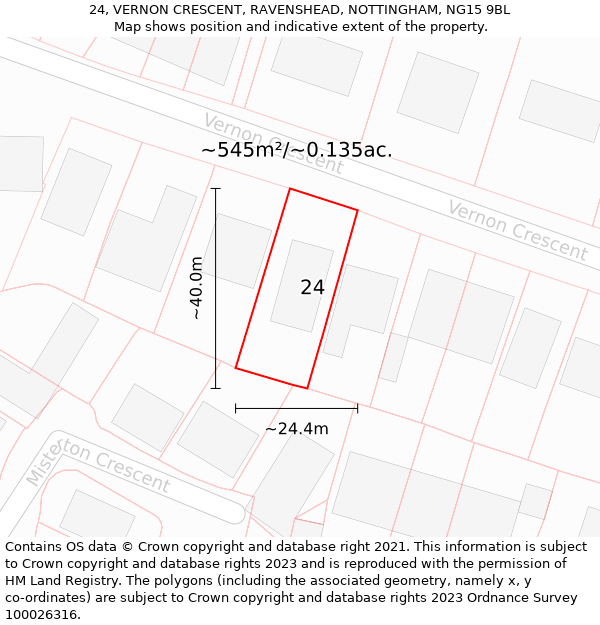 24, VERNON CRESCENT, RAVENSHEAD, NOTTINGHAM, NG15 9BL: Plot and title map