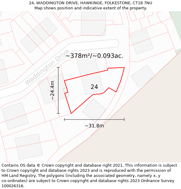 24, WADDINGTON DRIVE, HAWKINGE, FOLKESTONE, CT18 7NU: Plot and title map