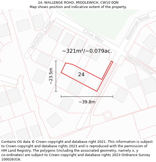 24, WALLENGE ROAD, MIDDLEWICH, CW10 0QN: Plot and title map