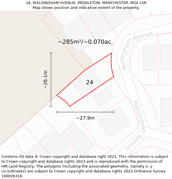 24, WALSINGHAM AVENUE, MIDDLETON, MANCHESTER, M24 1SR: Plot and title map