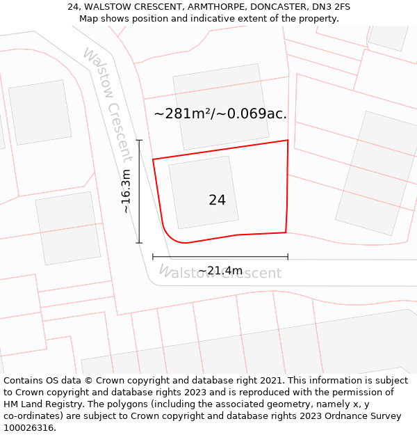 24, WALSTOW CRESCENT, ARMTHORPE, DONCASTER, DN3 2FS: Plot and title map