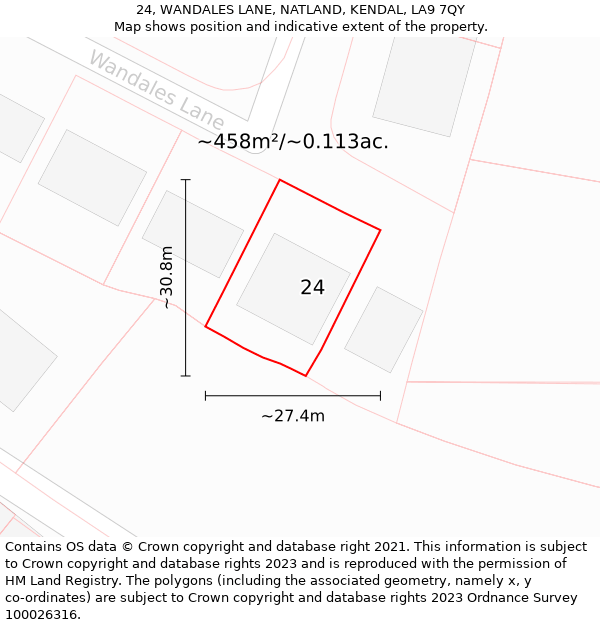 24, WANDALES LANE, NATLAND, KENDAL, LA9 7QY: Plot and title map