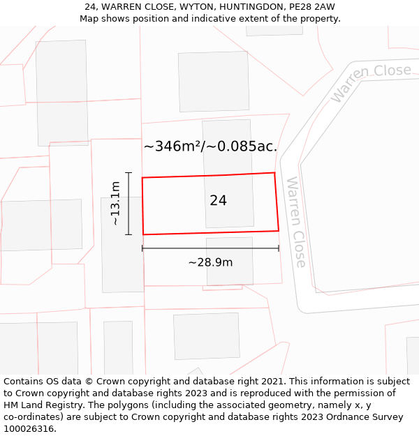 24, WARREN CLOSE, WYTON, HUNTINGDON, PE28 2AW: Plot and title map