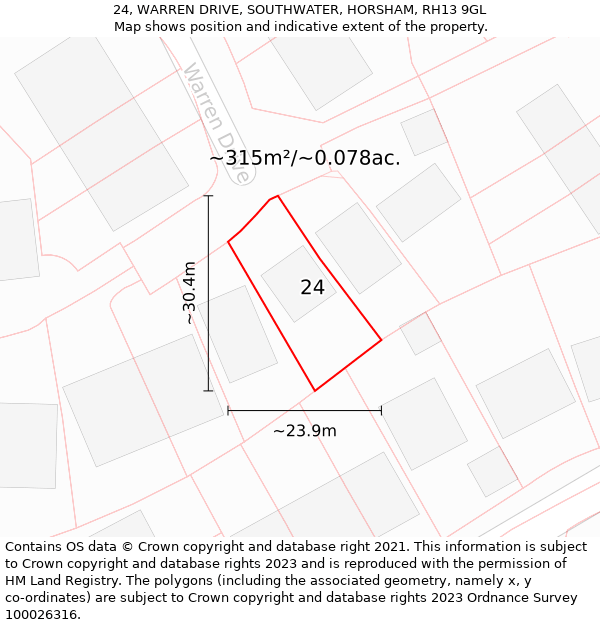 24, WARREN DRIVE, SOUTHWATER, HORSHAM, RH13 9GL: Plot and title map