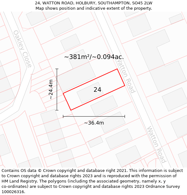 24, WATTON ROAD, HOLBURY, SOUTHAMPTON, SO45 2LW: Plot and title map