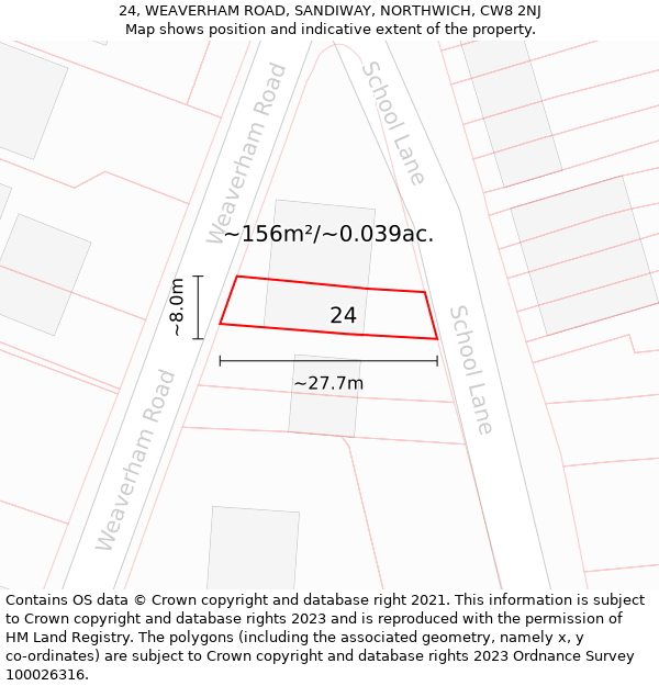 24, WEAVERHAM ROAD, SANDIWAY, NORTHWICH, CW8 2NJ: Plot and title map