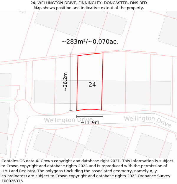 24, WELLINGTON DRIVE, FINNINGLEY, DONCASTER, DN9 3FD: Plot and title map