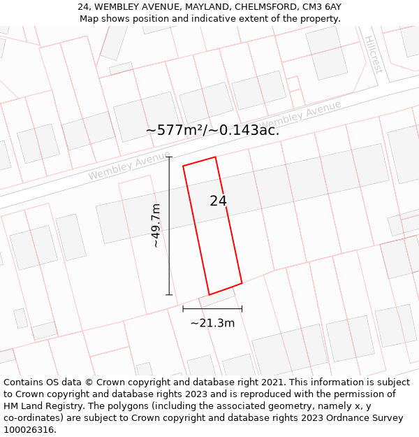 24, WEMBLEY AVENUE, MAYLAND, CHELMSFORD, CM3 6AY: Plot and title map