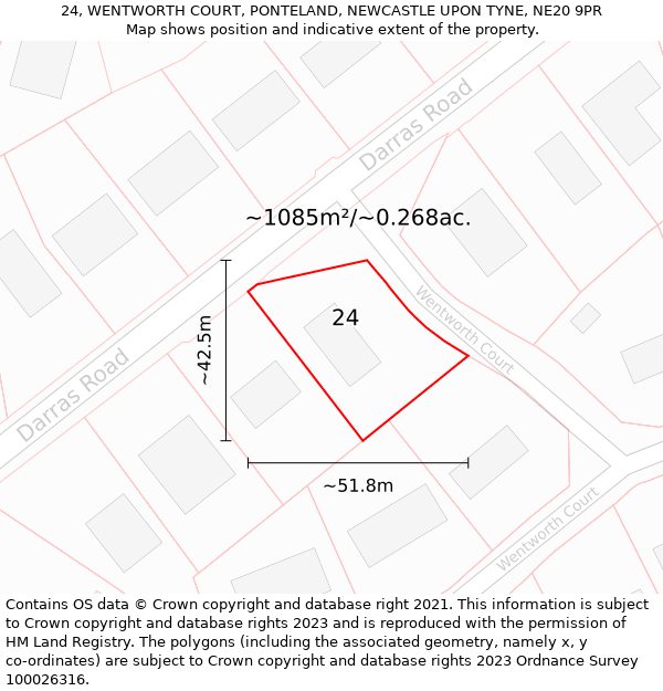 24, WENTWORTH COURT, PONTELAND, NEWCASTLE UPON TYNE, NE20 9PR: Plot and title map