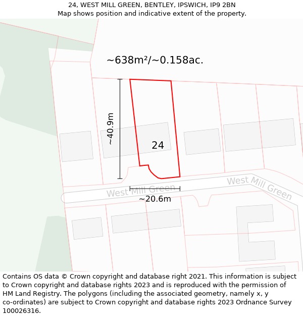 24, WEST MILL GREEN, BENTLEY, IPSWICH, IP9 2BN: Plot and title map