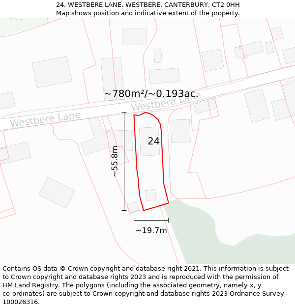 24, WESTBERE LANE, WESTBERE, CANTERBURY, CT2 0HH: Plot and title map
