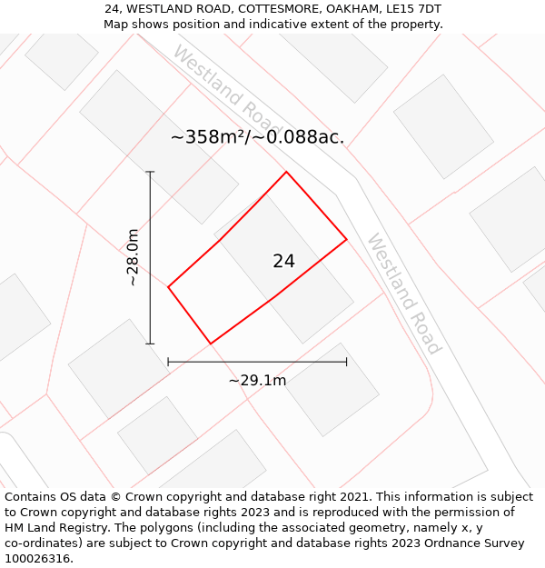 24, WESTLAND ROAD, COTTESMORE, OAKHAM, LE15 7DT: Plot and title map