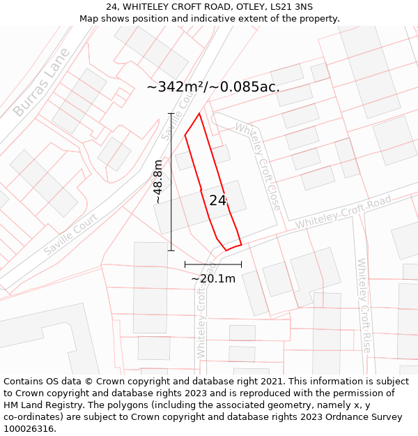 24, WHITELEY CROFT ROAD, OTLEY, LS21 3NS: Plot and title map