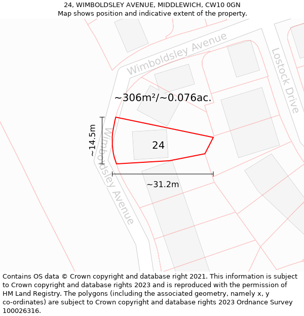 24, WIMBOLDSLEY AVENUE, MIDDLEWICH, CW10 0GN: Plot and title map