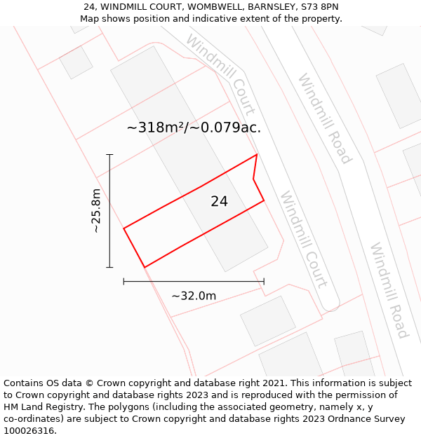 24, WINDMILL COURT, WOMBWELL, BARNSLEY, S73 8PN: Plot and title map