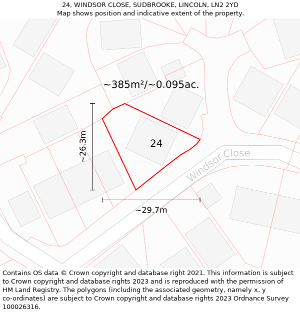 24, WINDSOR CLOSE, SUDBROOKE, LINCOLN, LN2 2YD: Plot and title map