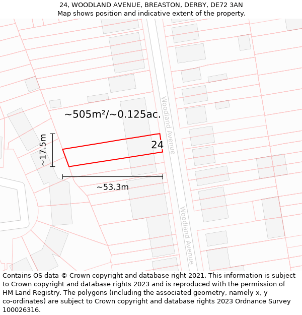 24, WOODLAND AVENUE, BREASTON, DERBY, DE72 3AN: Plot and title map