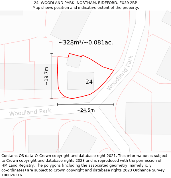 24, WOODLAND PARK, NORTHAM, BIDEFORD, EX39 2RP: Plot and title map