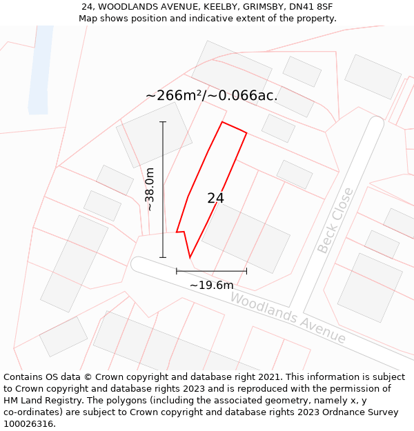 24, WOODLANDS AVENUE, KEELBY, GRIMSBY, DN41 8SF: Plot and title map