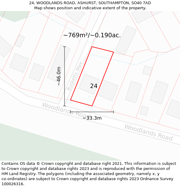 24, WOODLANDS ROAD, ASHURST, SOUTHAMPTON, SO40 7AD: Plot and title map