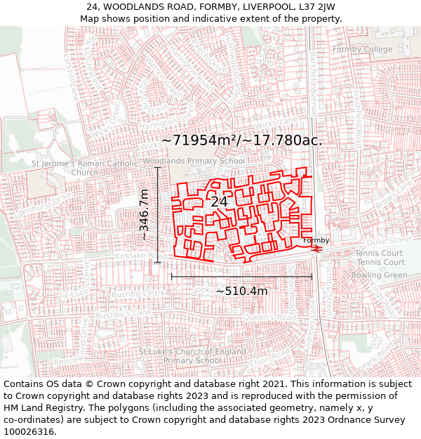 24, WOODLANDS ROAD, FORMBY, LIVERPOOL, L37 2JW: Plot and title map