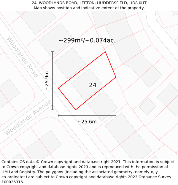 24, WOODLANDS ROAD, LEPTON, HUDDERSFIELD, HD8 0HT: Plot and title map