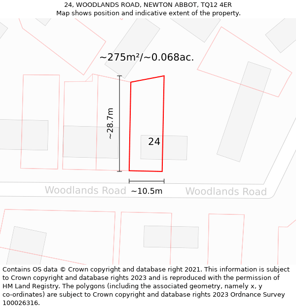 24, WOODLANDS ROAD, NEWTON ABBOT, TQ12 4ER: Plot and title map