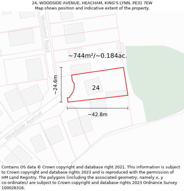 24, WOODSIDE AVENUE, HEACHAM, KING'S LYNN, PE31 7EW: Plot and title map