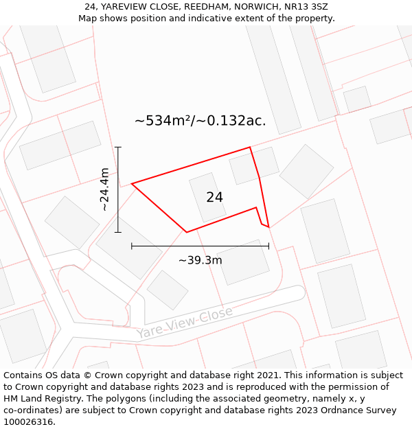 24, YAREVIEW CLOSE, REEDHAM, NORWICH, NR13 3SZ: Plot and title map