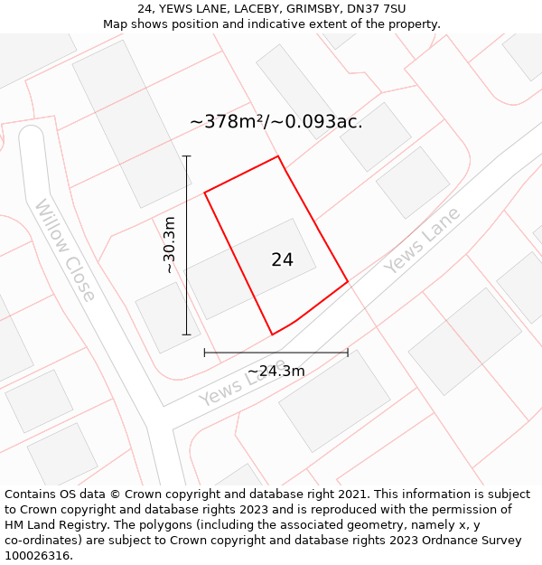 24, YEWS LANE, LACEBY, GRIMSBY, DN37 7SU: Plot and title map