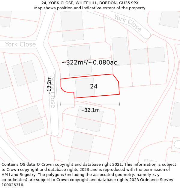 24, YORK CLOSE, WHITEHILL, BORDON, GU35 9PX: Plot and title map