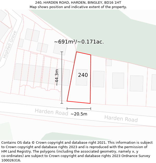 240, HARDEN ROAD, HARDEN, BINGLEY, BD16 1HT: Plot and title map