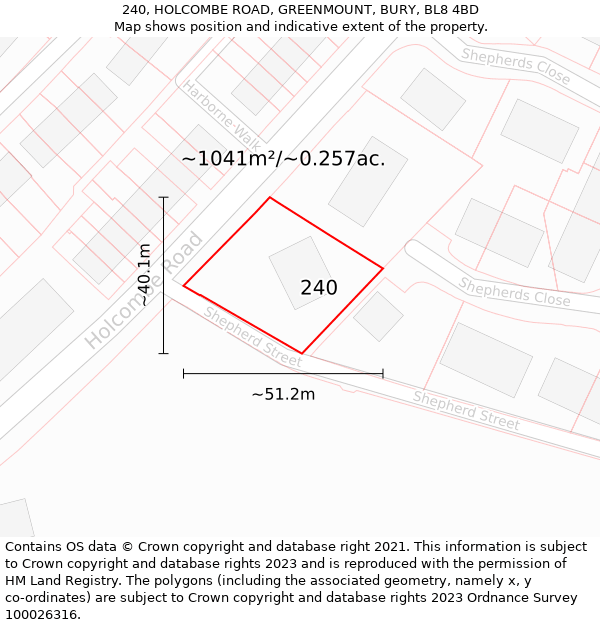240, HOLCOMBE ROAD, GREENMOUNT, BURY, BL8 4BD: Plot and title map