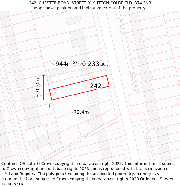 242, CHESTER ROAD, STREETLY, SUTTON COLDFIELD, B74 3NB: Plot and title map