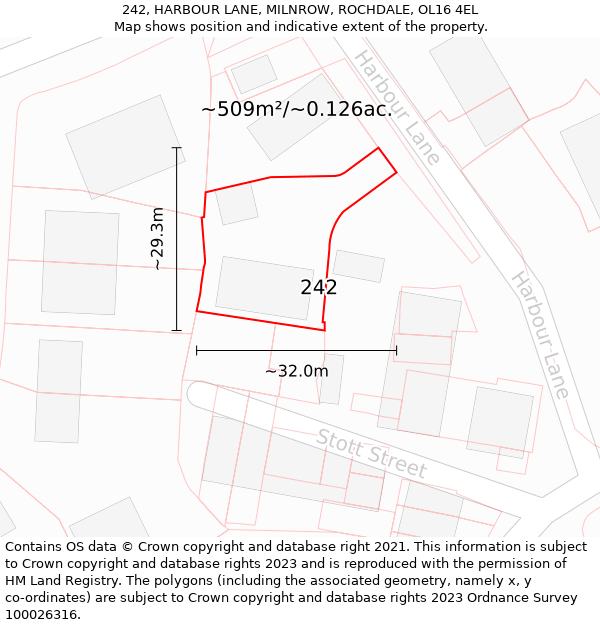 242, HARBOUR LANE, MILNROW, ROCHDALE, OL16 4EL: Plot and title map