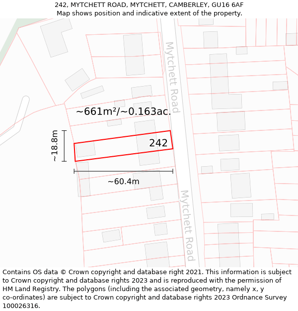 242, MYTCHETT ROAD, MYTCHETT, CAMBERLEY, GU16 6AF: Plot and title map