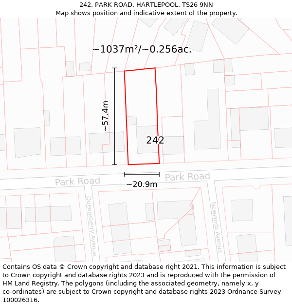 242, PARK ROAD, HARTLEPOOL, TS26 9NN: Plot and title map