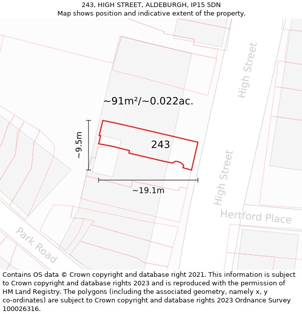 243, HIGH STREET, ALDEBURGH, IP15 5DN: Plot and title map