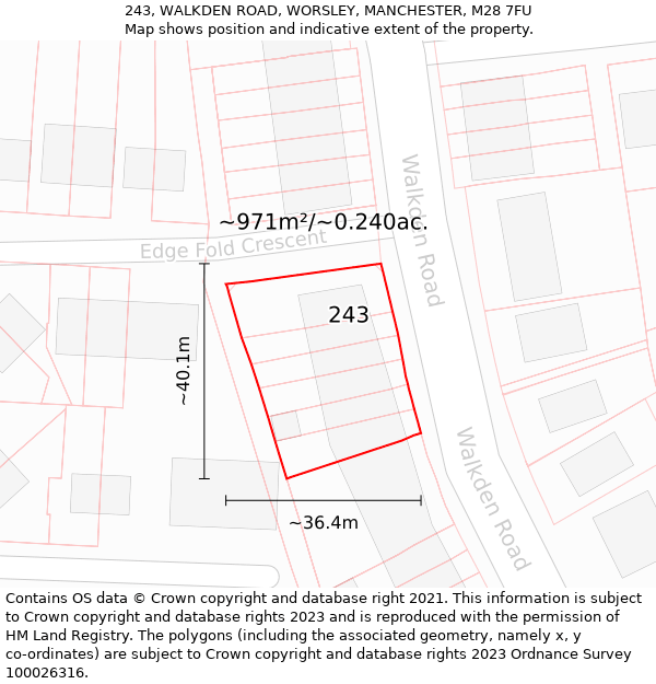 243, WALKDEN ROAD, WORSLEY, MANCHESTER, M28 7FU: Plot and title map
