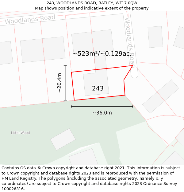 243, WOODLANDS ROAD, BATLEY, WF17 0QW: Plot and title map