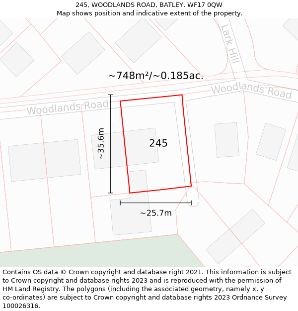 245, WOODLANDS ROAD, BATLEY, WF17 0QW: Plot and title map