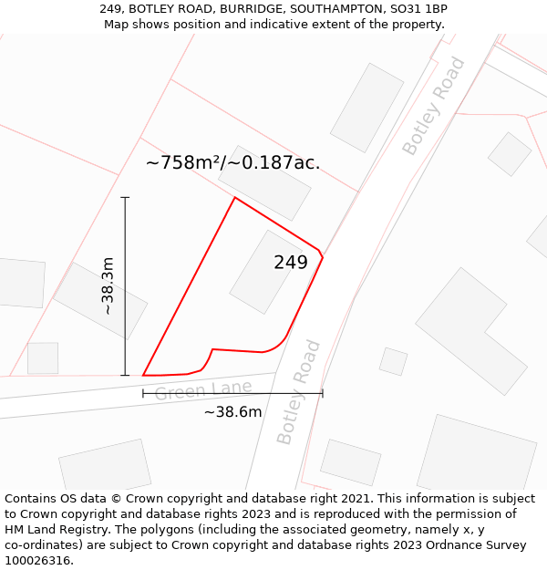 249, BOTLEY ROAD, BURRIDGE, SOUTHAMPTON, SO31 1BP: Plot and title map