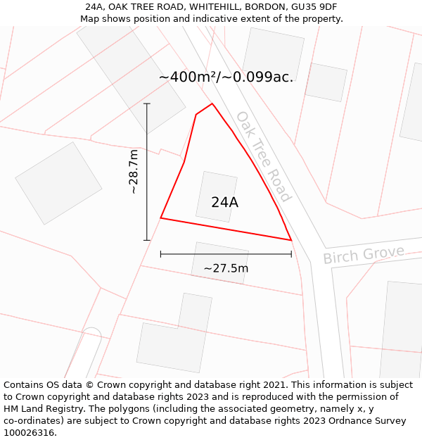 24A, OAK TREE ROAD, WHITEHILL, BORDON, GU35 9DF: Plot and title map