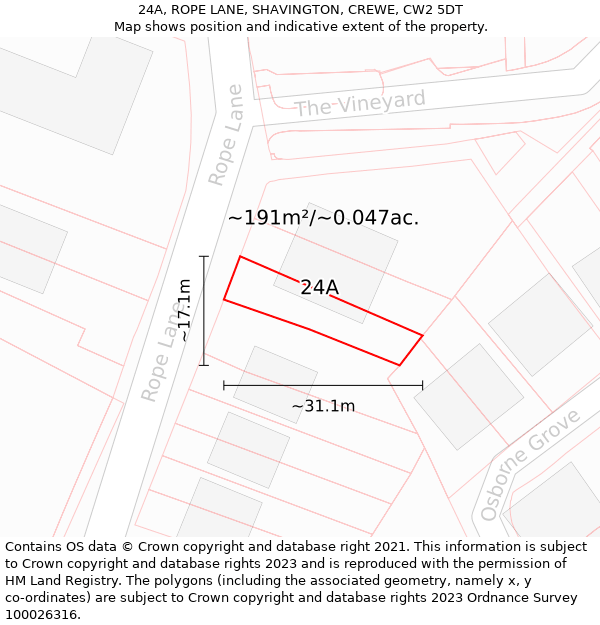 24A, ROPE LANE, SHAVINGTON, CREWE, CW2 5DT: Plot and title map